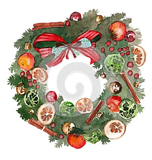 Watercolor Christmas wreath frame isolated on the white background