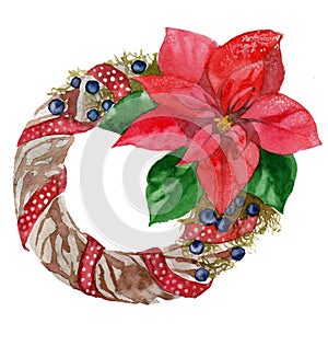 Watercolor Christmas wreath frame isolated on the white background