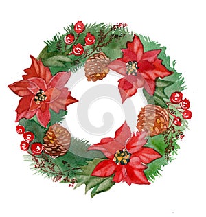 Watercolor Christmas wreath frame isolated on the white background