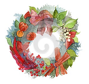 Watercolor Christmas wreath frame isolated on the white background