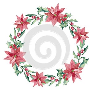 Watercolor Christmas wreath with green branches, flowers, holly . Design illustration for greeting cards, frames