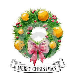 Watercolor Christmas wreath. Christmas greeting card. Hand drawn illustration. Invitation design template.Vintage ribbon.