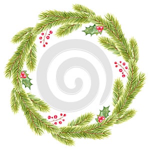 Watercolor Christmas wreath with holly berries isolated on white background