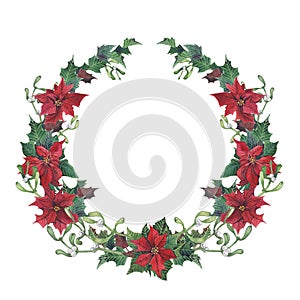 Watercolor christmas wreath with holly, mistletoe and poinsettia. Hand painted christmas floral border isolated on white