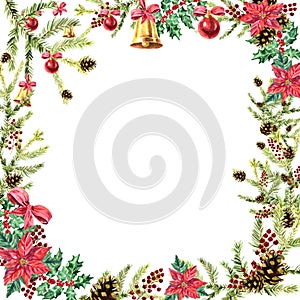 Watercolor Christmas wreath with holly, poinsettia, fir cones, red berries, fir branches and baubles