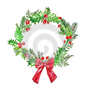 Watercolor Christmas wreath with pine branches, holly, mistletoe and spruce. Winter holiday decor on white background