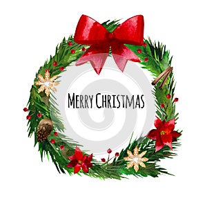 Watercolor Christmas wreath of pine branches isolated on white background.