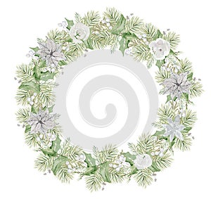Watercolor Christmas wreath with pine tree branches and flowers hand drawn illustration isolated