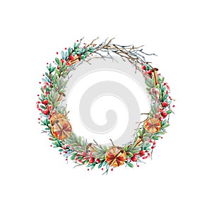 Watercolor Christmas wreath of twigs and boxwood