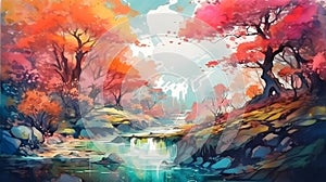 Watercolor Chromatic fantasy adventure forest, flowers, garden, rive