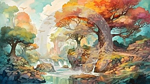 Watercolor Chromatic fantasy adventure forest, flowers, garden, rive