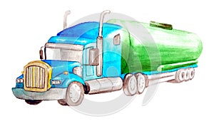Watercolor cictern semi-trailer tractor truck with green tank and blue cabin isolated on white background