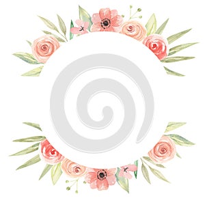 Watercolor Circle Border Flowers Peach Coral Floral Frame Leaves