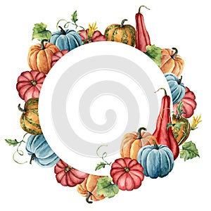 Watercolor circle border with pumpkins composition. Hand painted red, blue and orange pumpkins with leaves isolated on