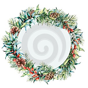 Watercolor circle floral frame with winter plants. Hand painted eucalyptus and fir branches, berries and leaves, pine