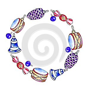 watercolor circle frame with festive elements, hand draw round illustration of colored christmas tree toys, bell, seets