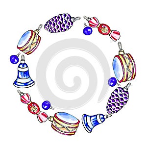 watercolor circle frame with festive elements, hand draw round illustration of colored christmas tree toys, bell, seets photo