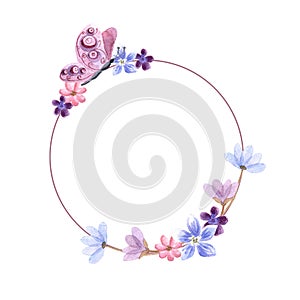 Watercolor circle frame with spring flowers and butterfly isolated on white background