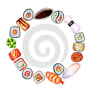 Watercolor circle with Japanese sushi, rolls and place for text