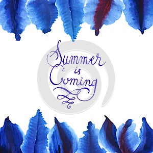 Watercolor circle round frame raster composition background with hand drawn lettering Summer is coming