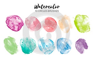 Watercolor circle texture. Abstract hand paint textures on white . Set of 10 watercolor circle elements