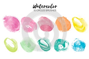 Watercolor circle texture. Abstract hand paint textures on white . Set of 10 watercolor circle elements