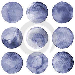 Watercolor circles collection gray colors. Stains set isolated on white background. Design elements