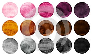 Watercolor circles collection pink, gray and brown colors.