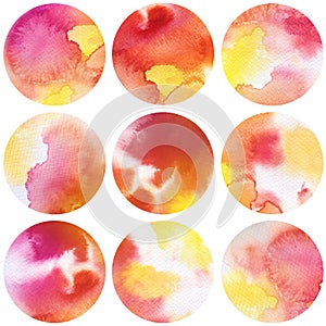 Watercolor circles collection in red and yellow colors.