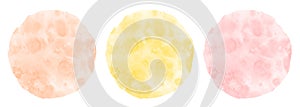 Watercolor circles set, light pastel yellow, orange, rose stains