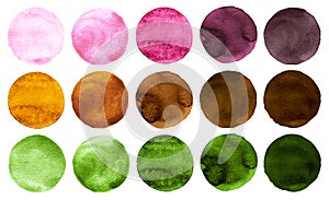 Watercolor circles in shades of green, pink, red and brown colors isolated on white background.