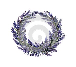 Watercolor of a circular lavender flower wreath