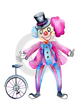 Watercolor circus clown and monocycle photo