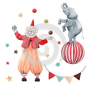 Watercolor circus clown vector set