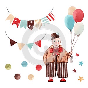 Watercolor circus clown vector set