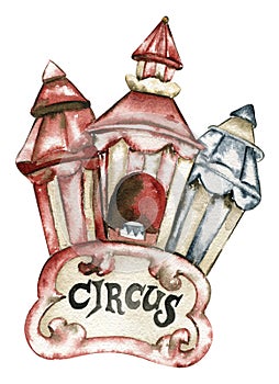 Watercolor circus cute animals clown mice mask horse carousel