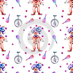 Watercolor circus juggling clowns and monocycles seamless pattern