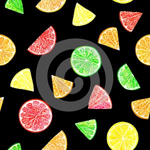 Watercolor citrus pattern with grapefruit, lime, orange, lemon slice. Citrus seamless pattern, botanical natural