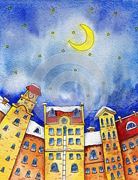 Watercolor city at night