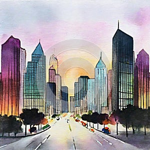 Watercolor of city at night home house design photo