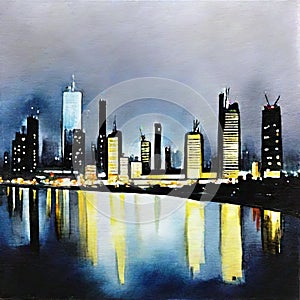 Watercolor of city skyline at night