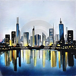 Watercolor of city skyline at night