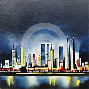 Watercolor of city skyline at night