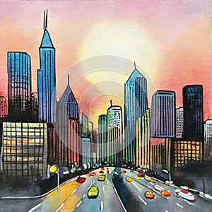Watercolor of City Skyline Sunset