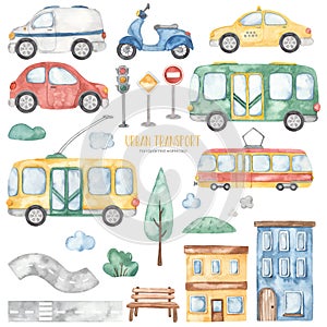 Watercolor city transport with bus, trolleybus, taxi, car, tram, mail car, houses, road, houses, trees, road signs, traffic lights