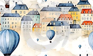 Watercolor cityscape with hot air balloons and houses. Hand drawn illustration