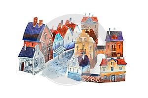 Watercolor cityscape. Illustration of old European town street with houses and block-stone pavement
