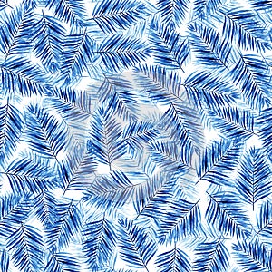 Watercolor classic blue palm leaves on a white background. Seamless pattern. Hand illustration