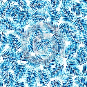 Watercolor classic blue palm leaves on a white background. Seamless pattern. Hand illustration