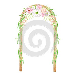 Watercolor classic wedding arch. Hand drawn wood bohemian archway with flower bouquets and greenery isolated on white